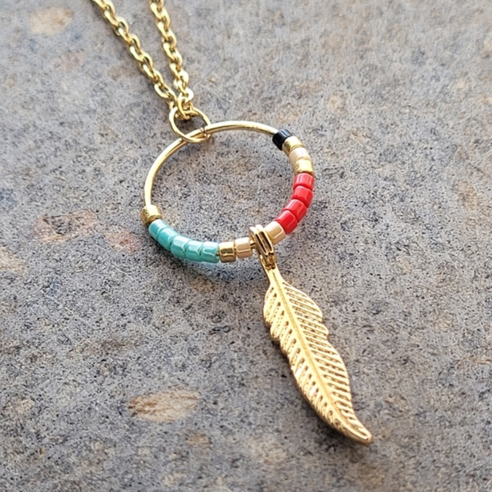 Gold Feather Hoop Beaded 18k Gold Plated Necklace